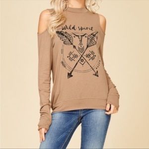 CRESCENT Tan Cold Shoulder Long Sleeved Lightweight Stretchy Tee NWT